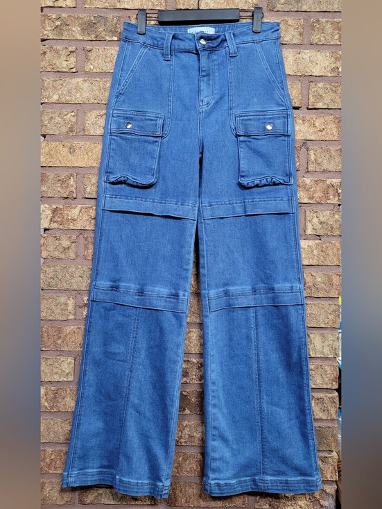 Risen Jeans Denim - Risen High Rise Wide Leg Cargo Jeans Utility Denim Pants Size 28 Stretch